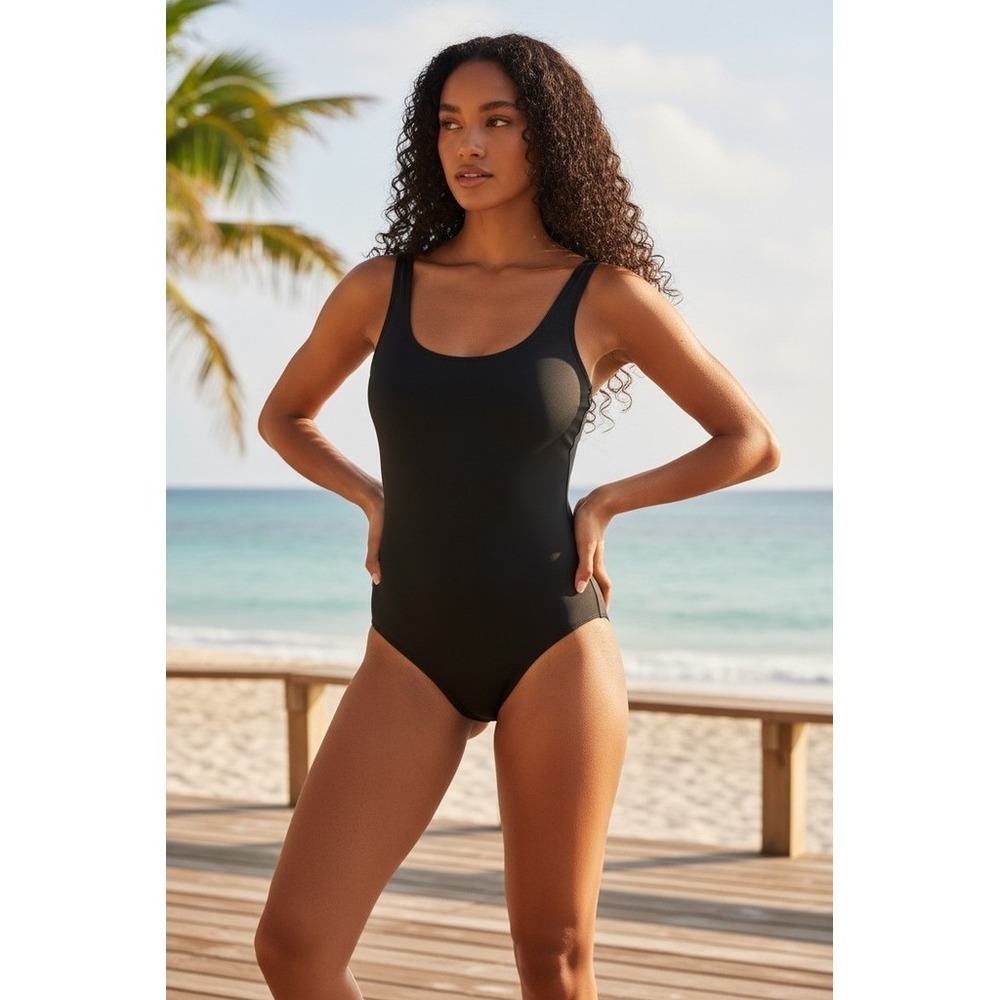 Lands End One Piece Swimsuit Womens Size 12 Tall Black Ruched Scoop Neck capsule
